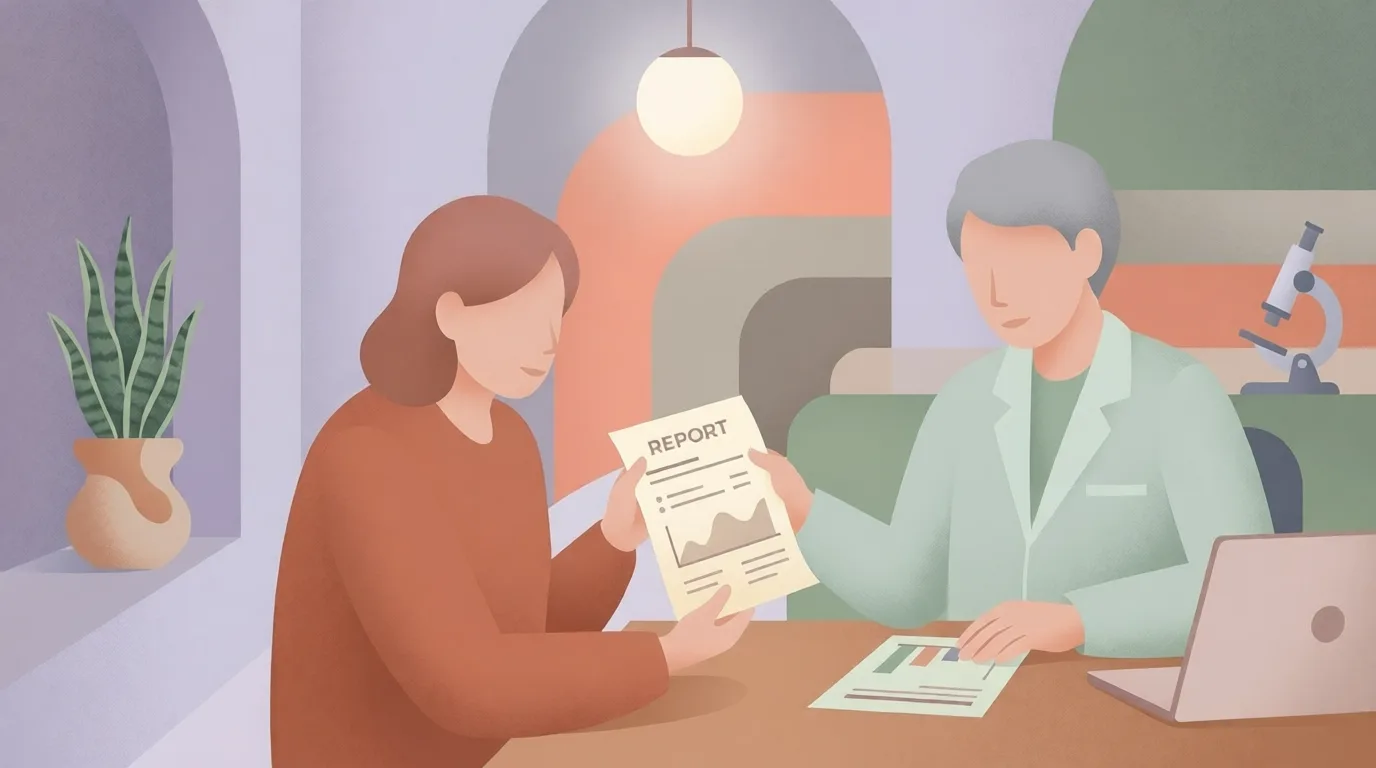 Illustration of a patient and doctor reviewing a report